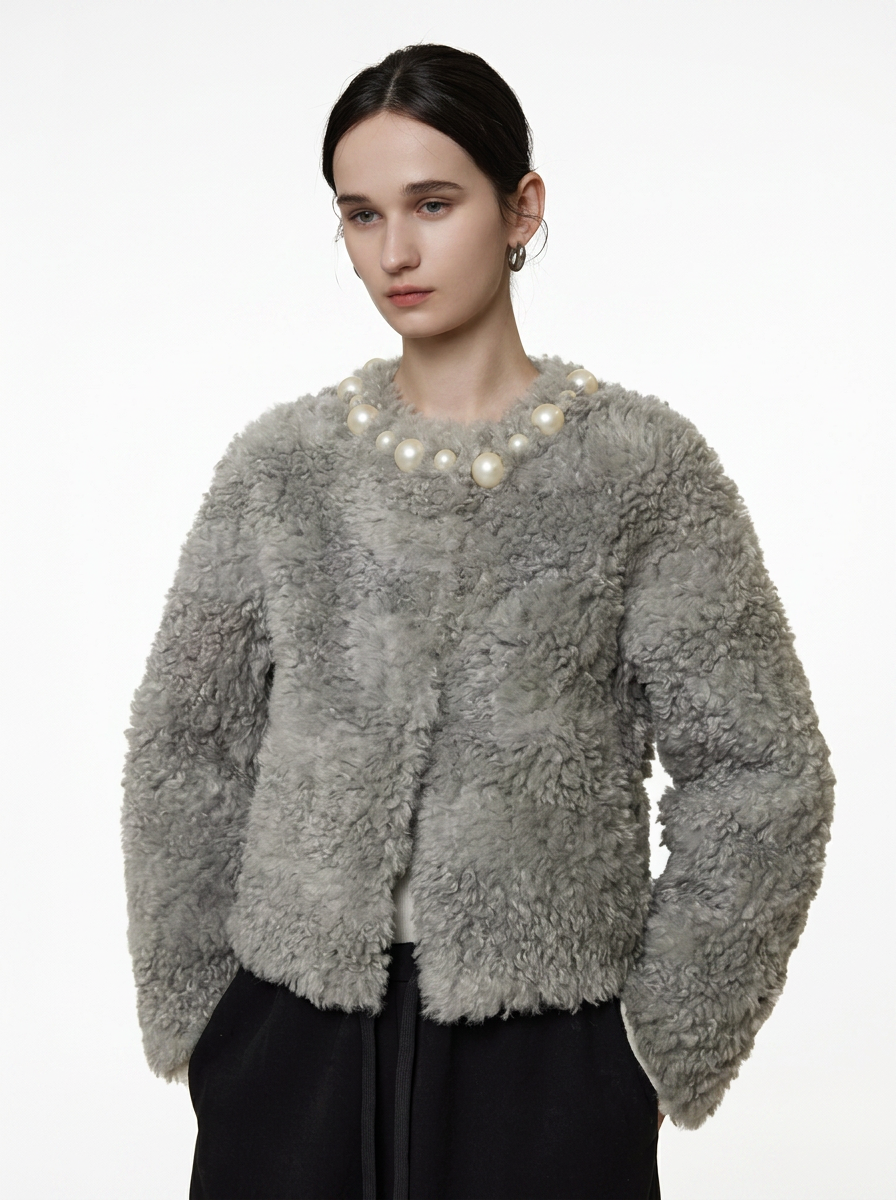 Grey Pearl Embellished Teddy Jacket