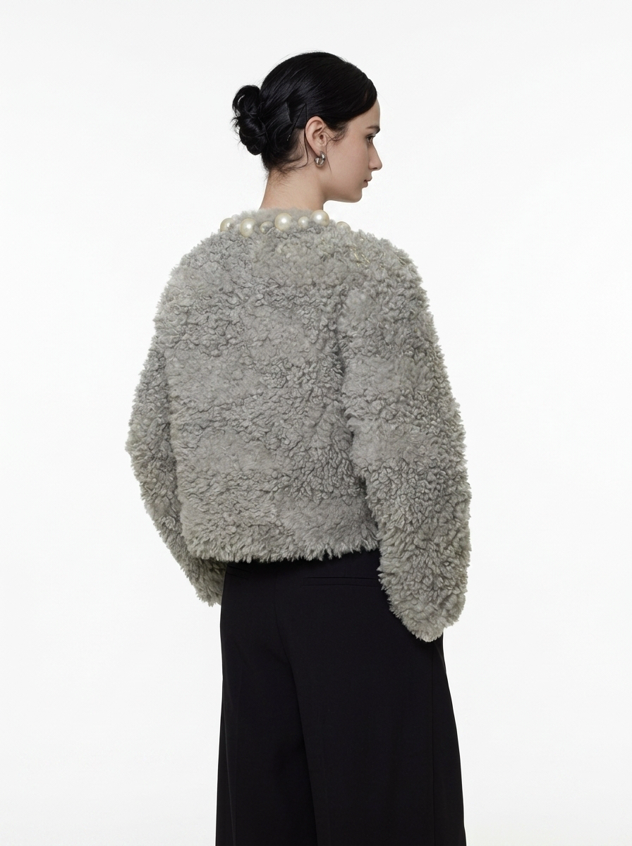 Grey Pearl Embellished Teddy Jacket