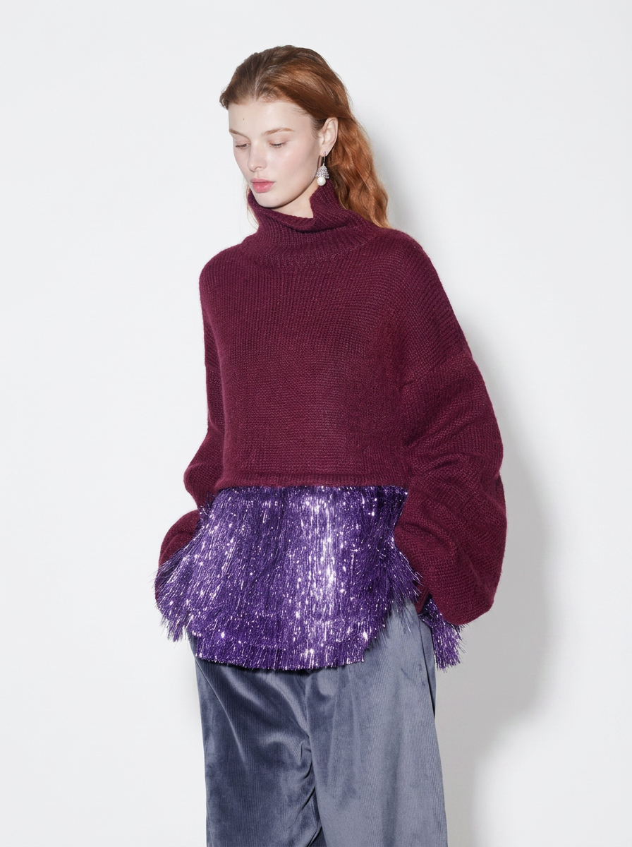 Mohair Tassel High-Neck Sweater