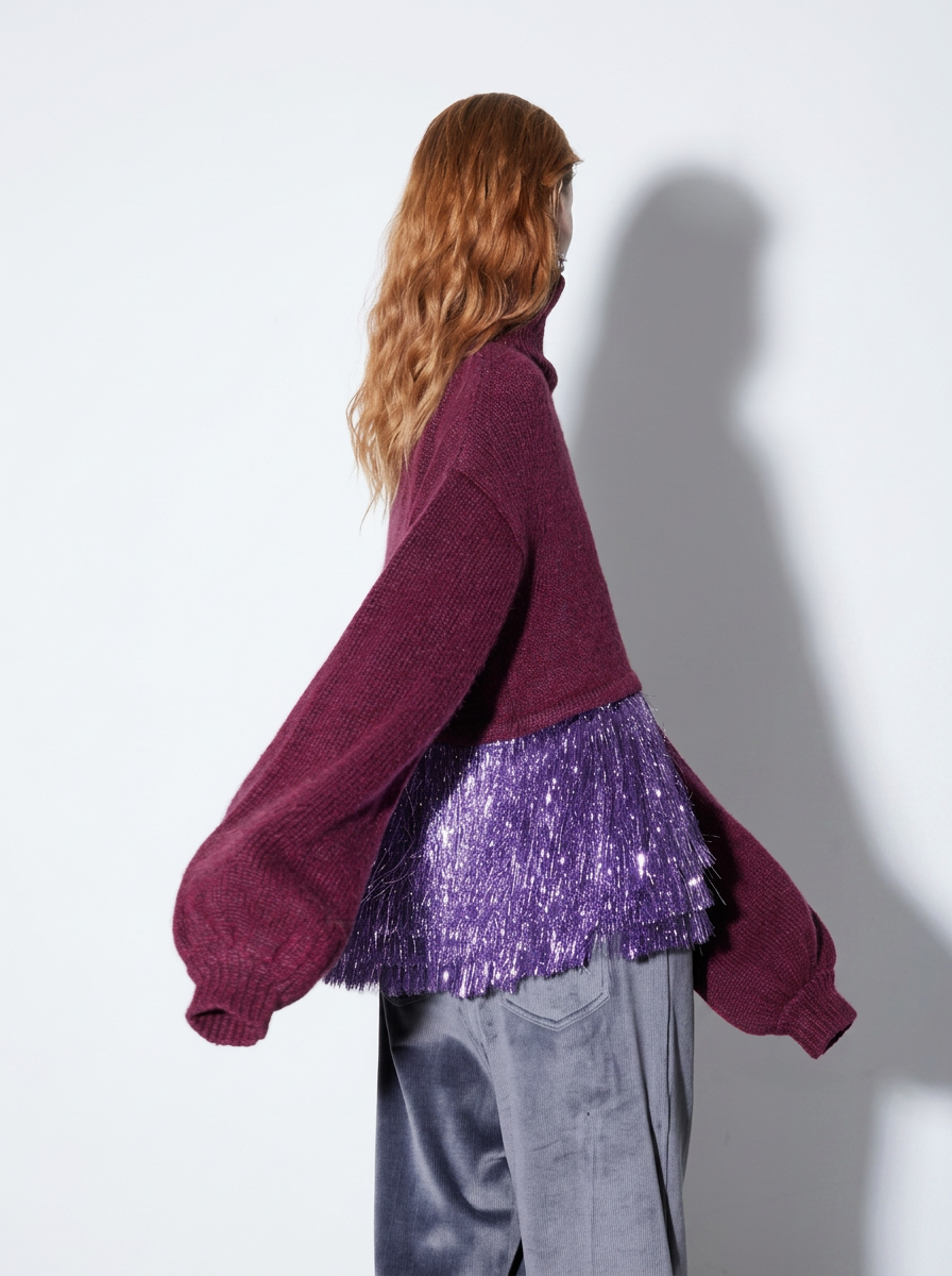 Mohair Tassel High-Neck Sweater