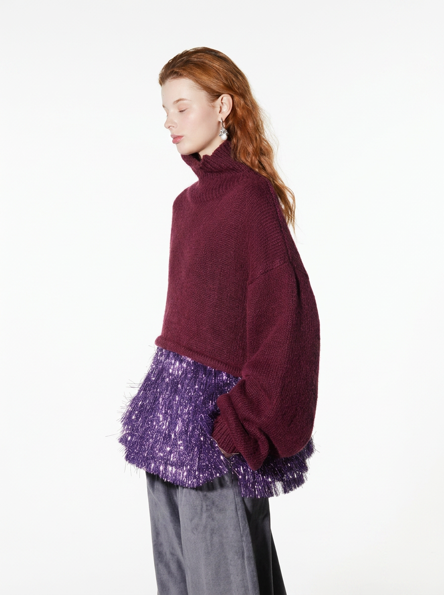 Mohair Tassel High-Neck Sweater