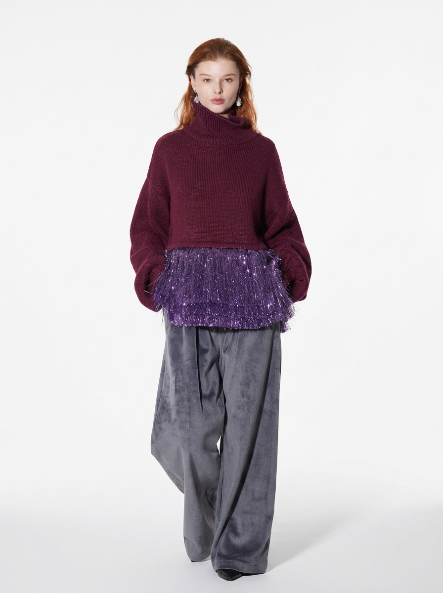 Mohair Tassel High-Neck Sweater