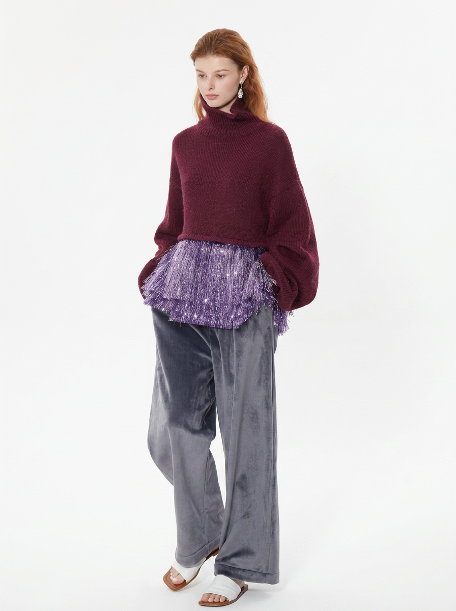 Mohair Tassel High-Neck Sweater
