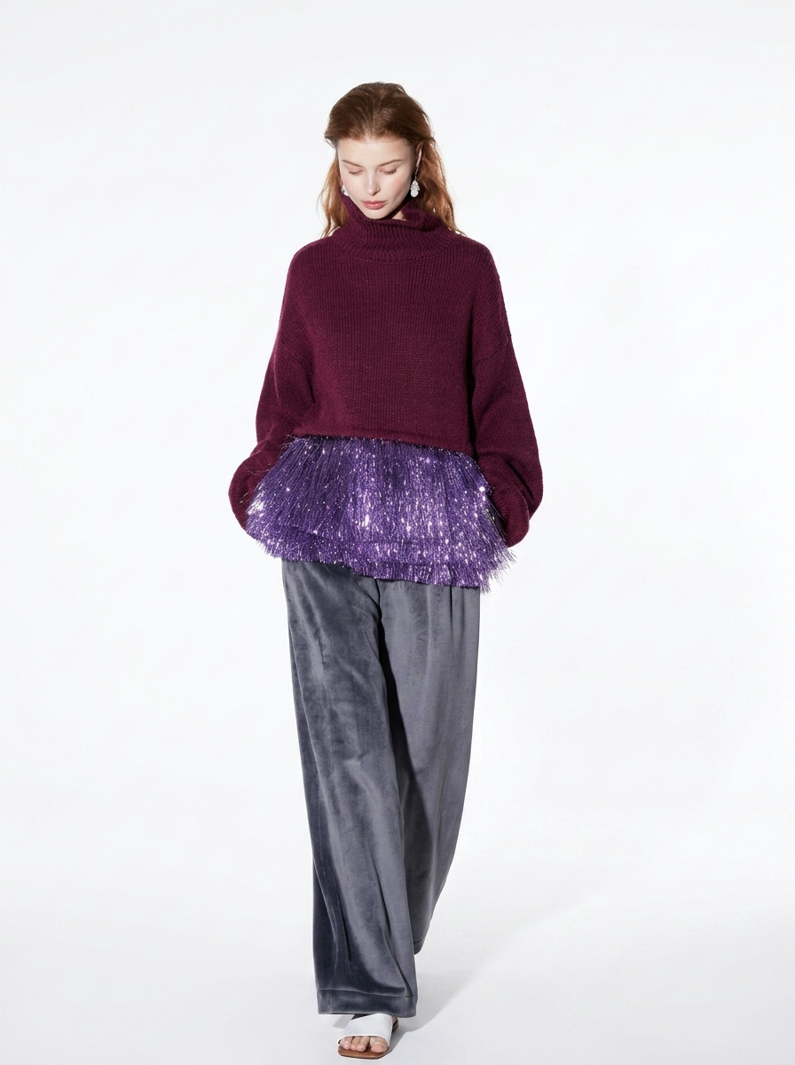 Mohair Tassel High-Neck Sweater