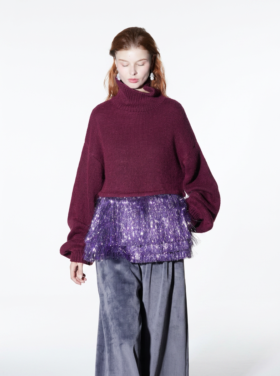 Mohair Tassel High-Neck Sweater