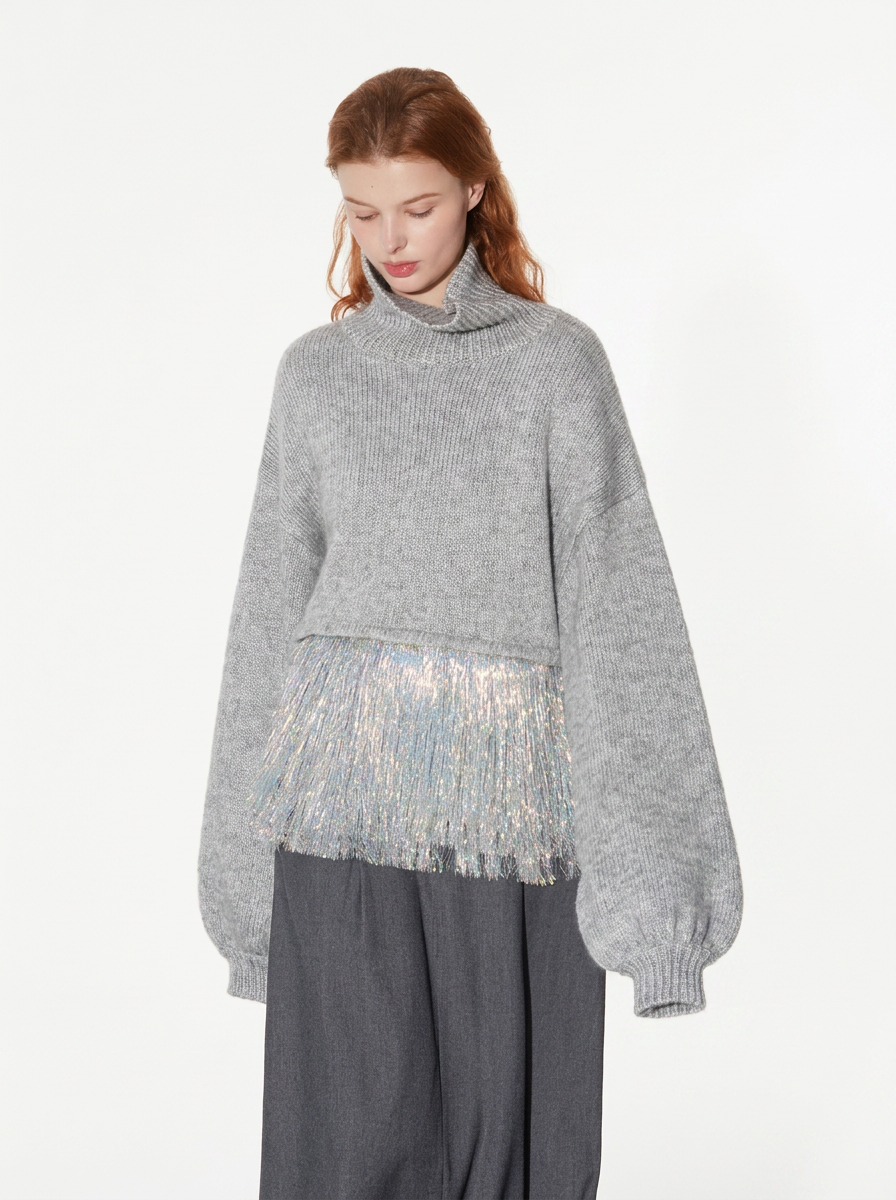 Mohair Tassel High-Neck Sweater