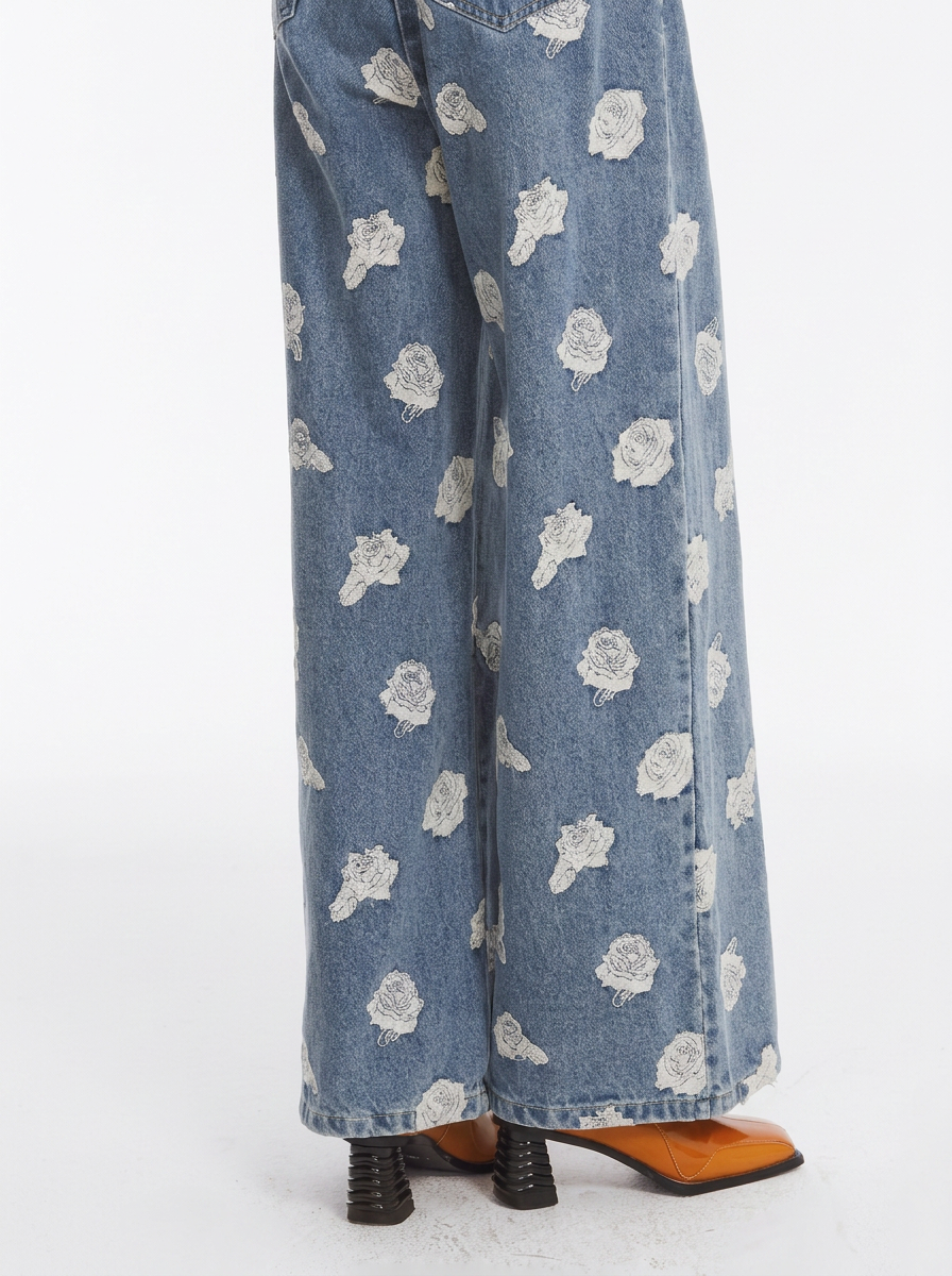 Blue Floral Embroidered Wide-Leg Jeans