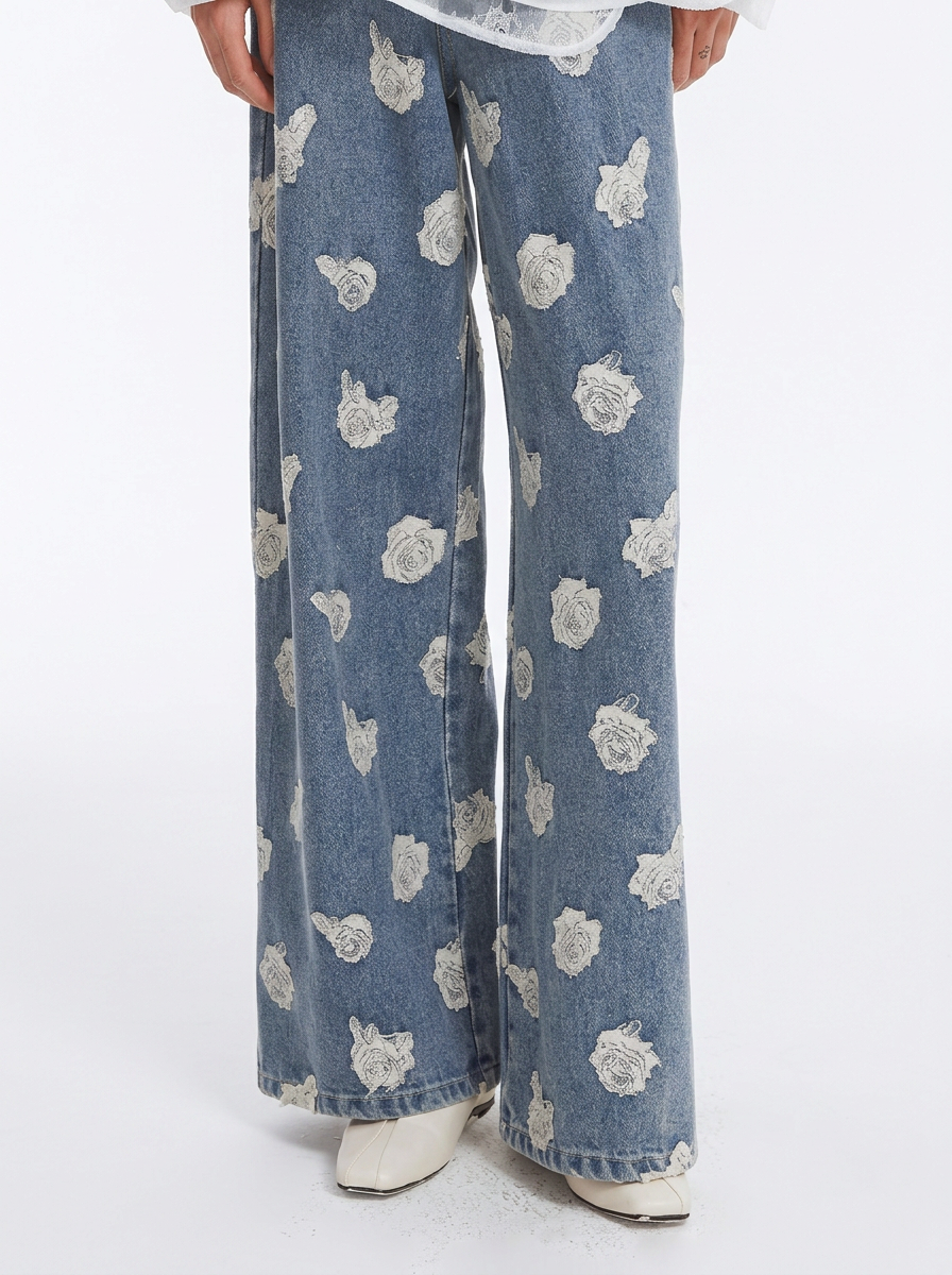 Blue Floral Embroidered Wide-Leg Jeans