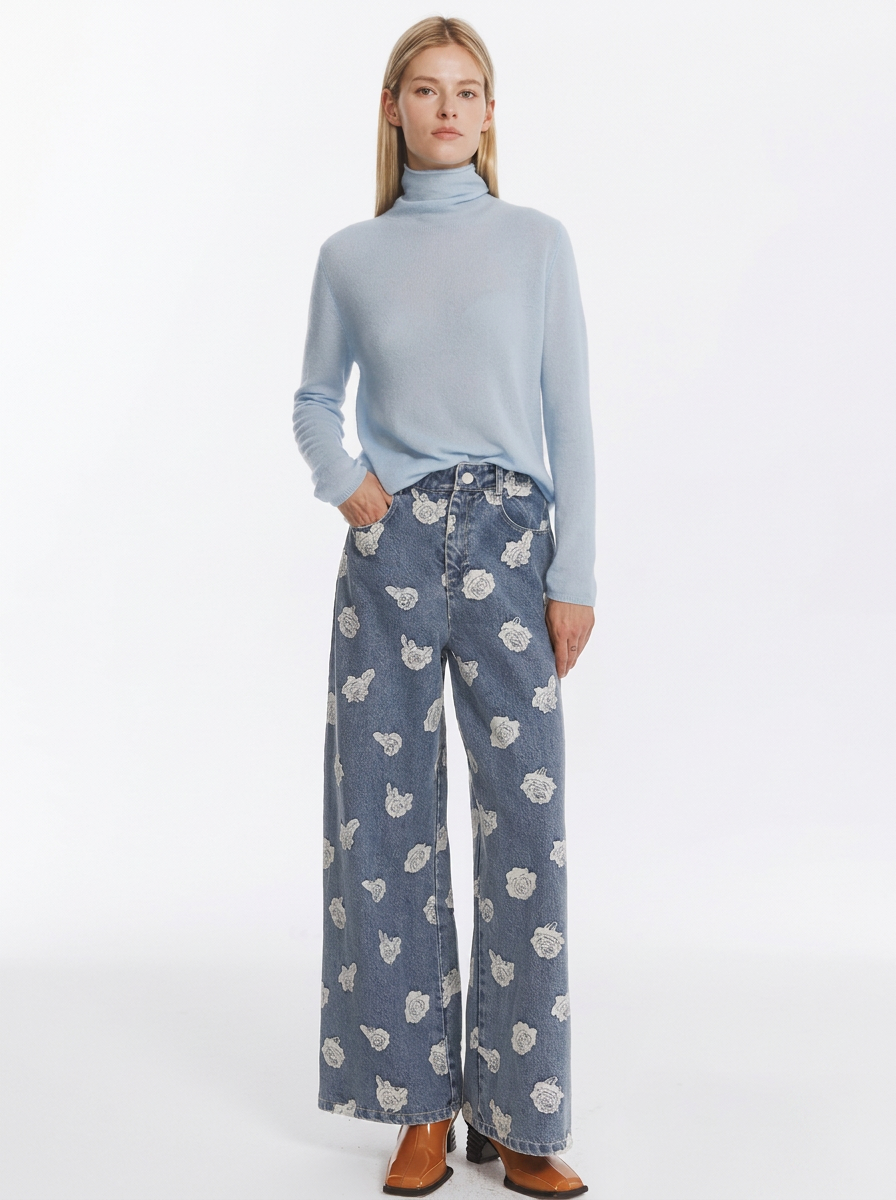Blue Floral Embroidered Wide-Leg Jeans