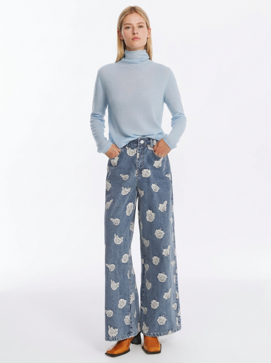 Blue Floral Embroidered Wide-Leg Jeans