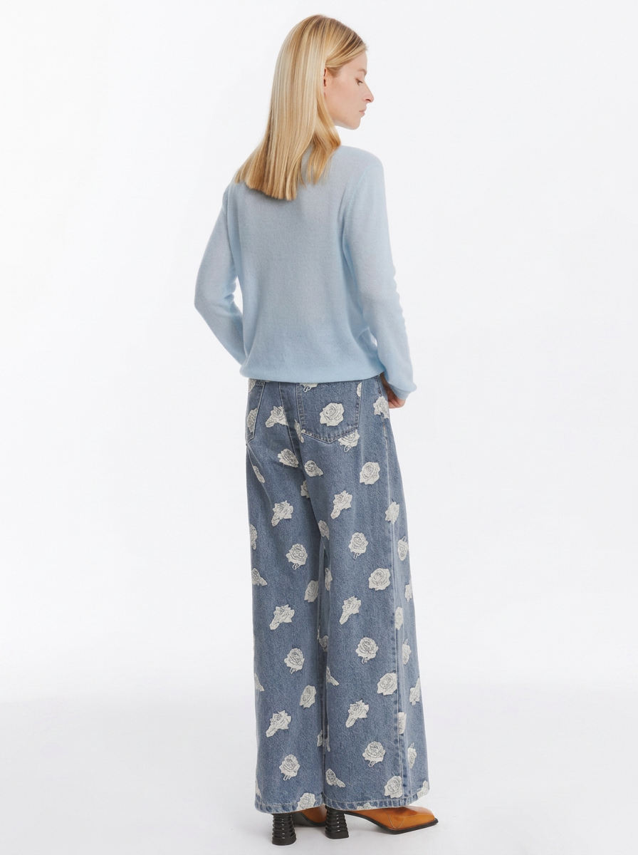 Blue Floral Embroidered Wide-Leg Jeans