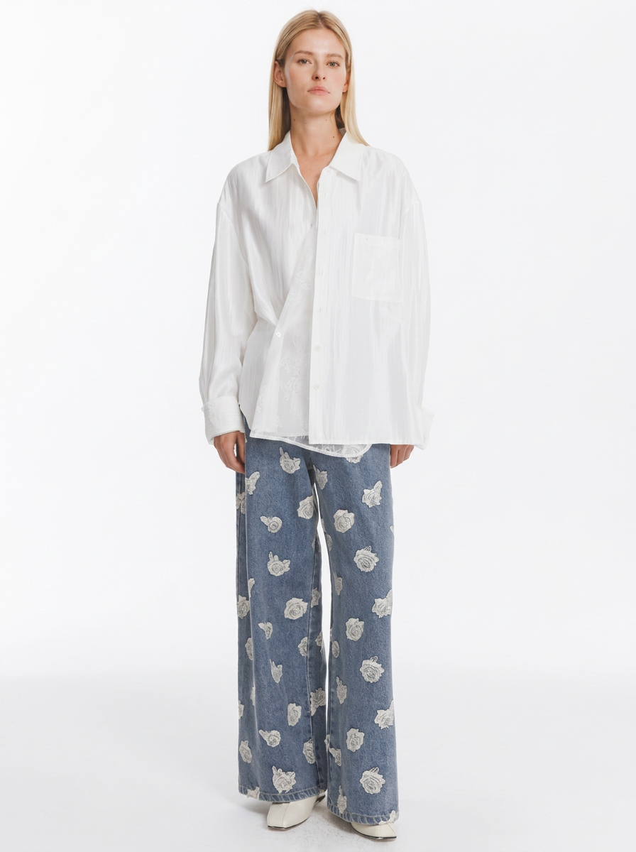 Blue Floral Embroidered Wide-Leg Jeans