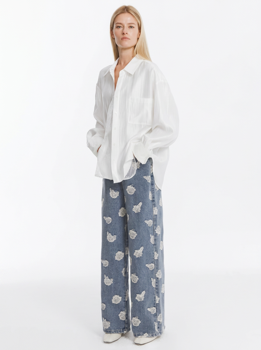 Blue Floral Embroidered Wide-Leg Jeans