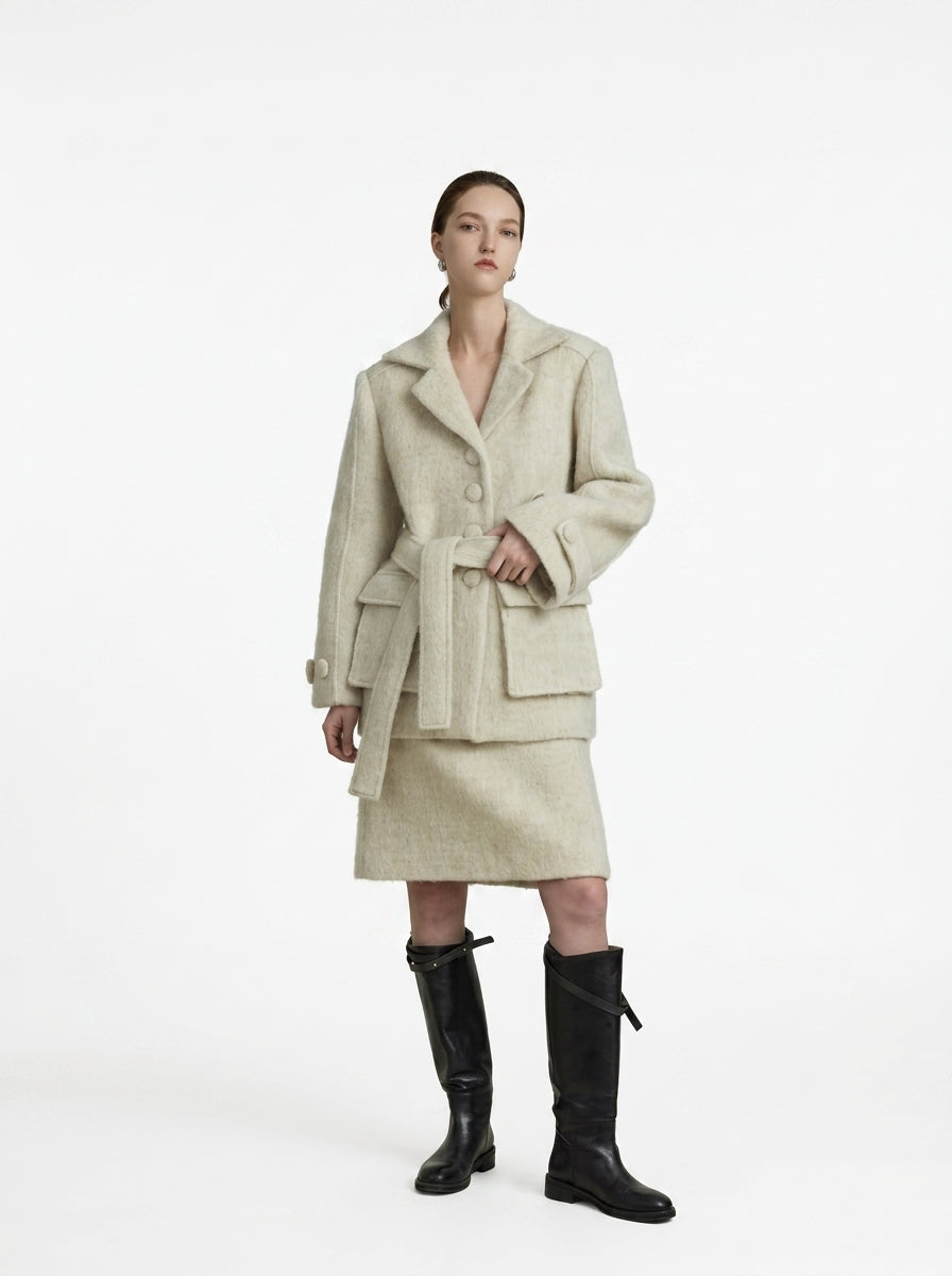 Cream Wool Belted Coat &amp; Skirt Set