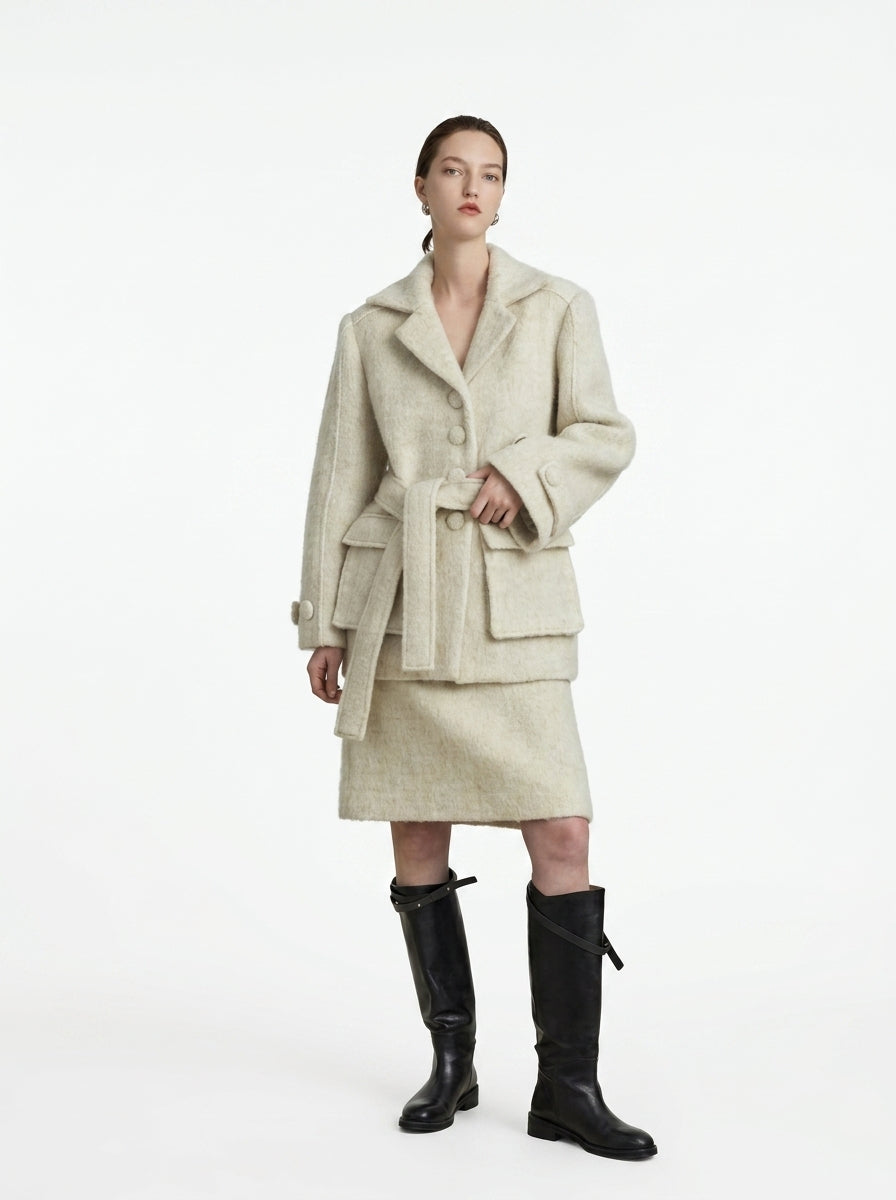 Cream Wool Belted Coat &amp; Skirt Set