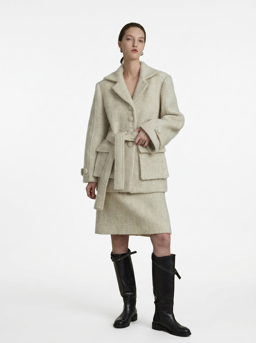 Cream Wool Belted Coat &amp; Skirt Set