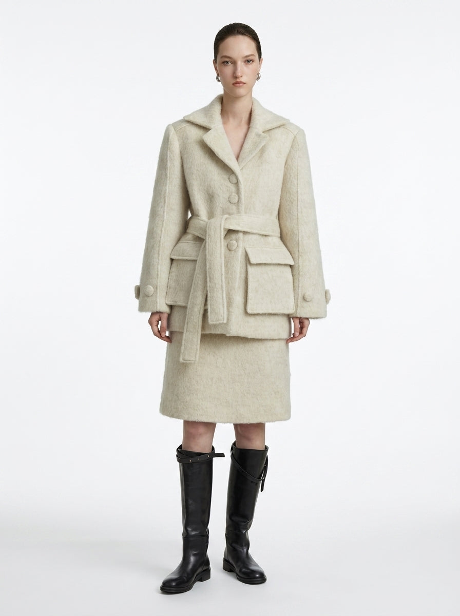 Cream Wool Belted Coat &amp; Skirt Set