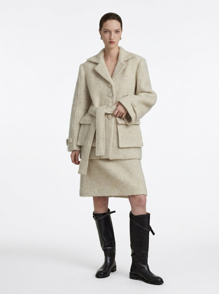 Cream Wool Belted Coat &amp; Skirt Set