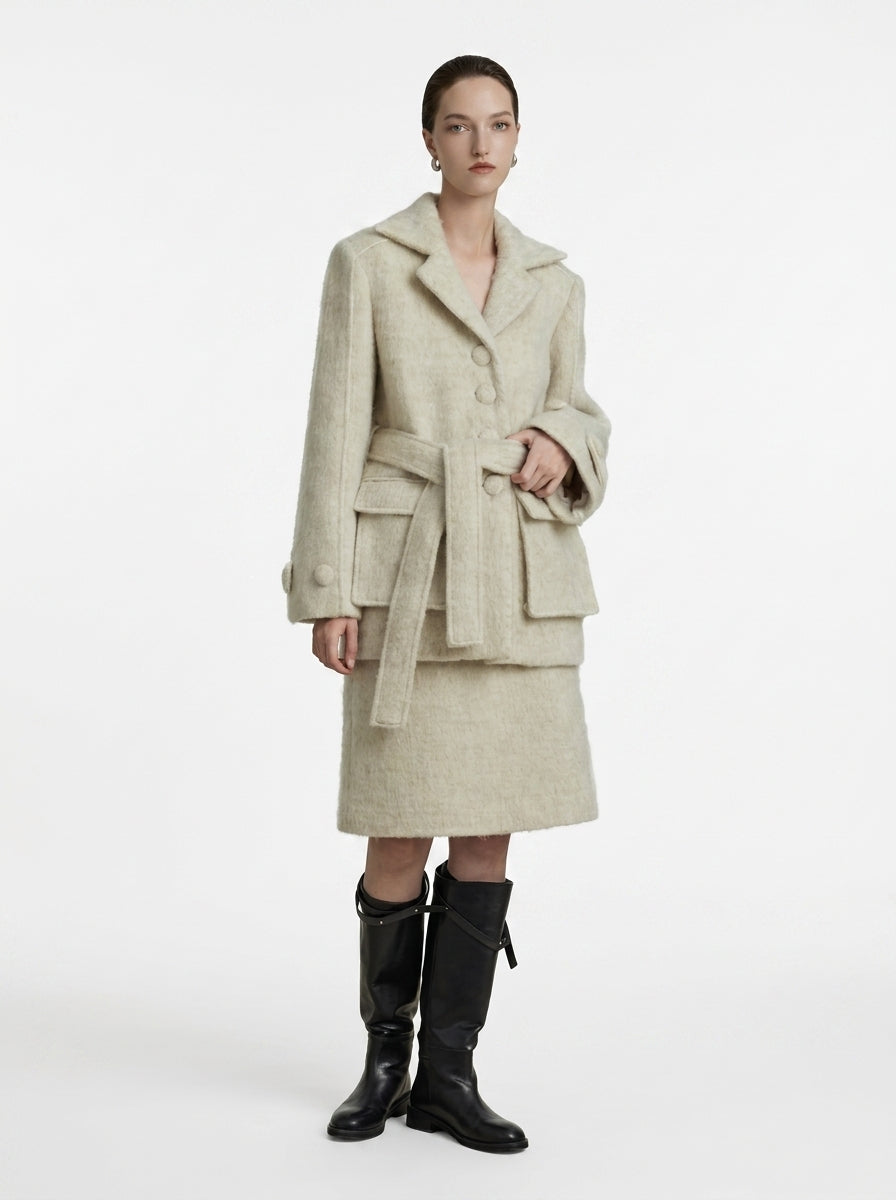 Cream Wool Belted Coat &amp; Skirt Set