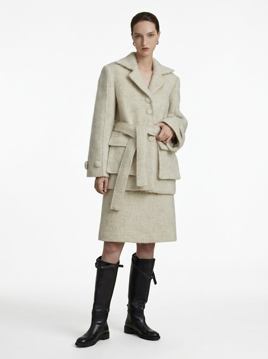 Cream Wool Belted Coat &amp; Skirt Set