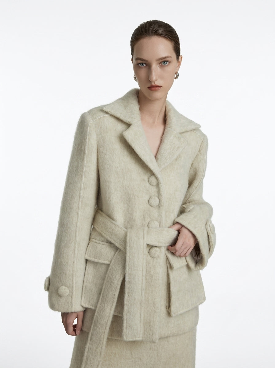 Cream Wool Belted Coat &amp; Skirt Set