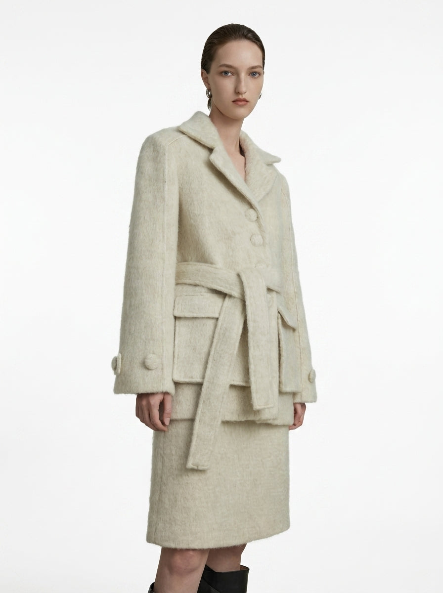 Cream Wool Belted Coat &amp; Skirt Set
