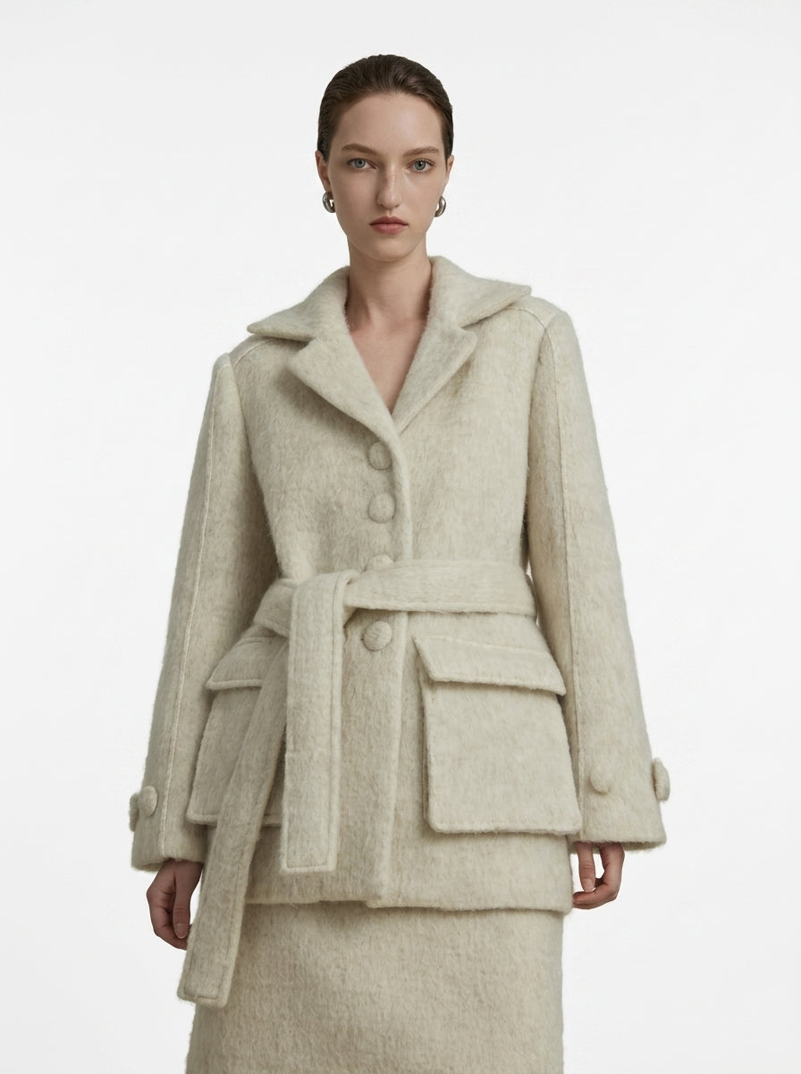 Cream Wool Belted Coat &amp; Skirt Set