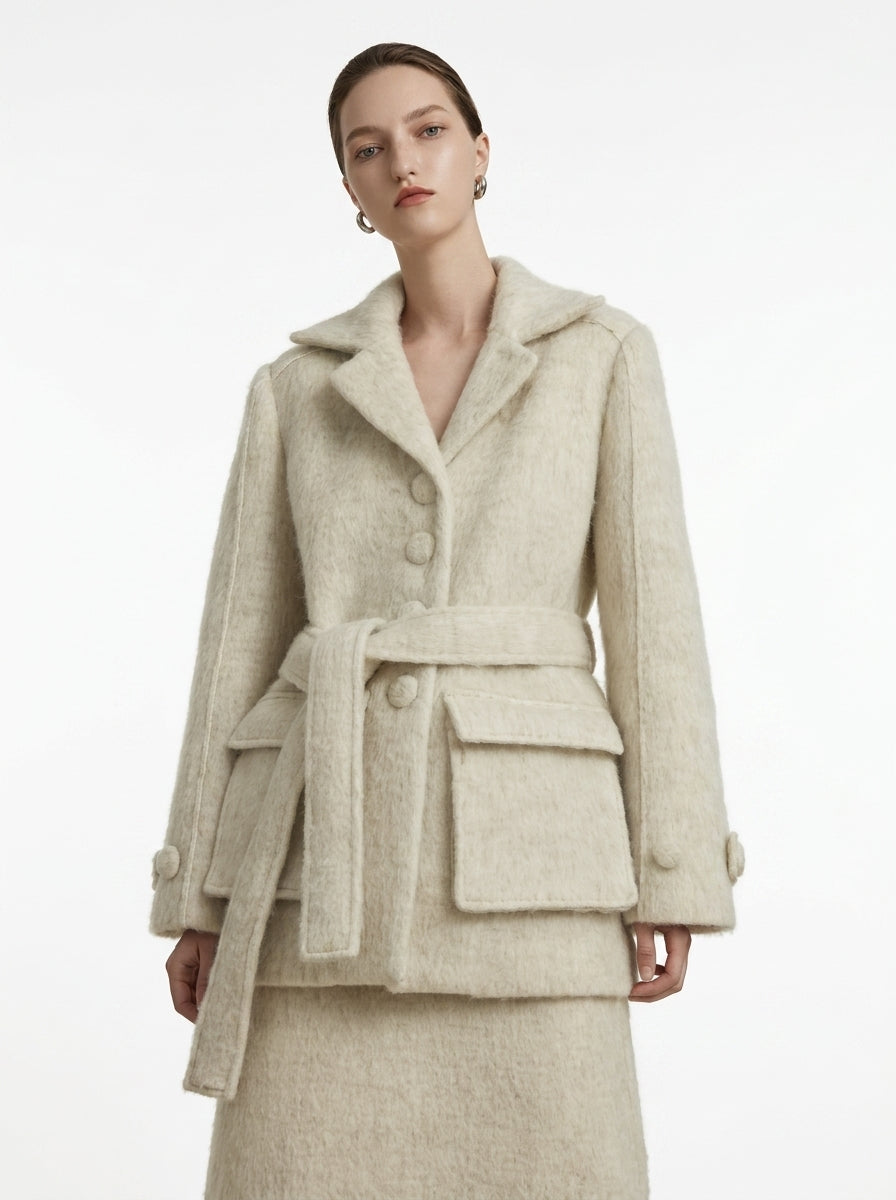 Cream Wool Belted Coat &amp; Skirt Set