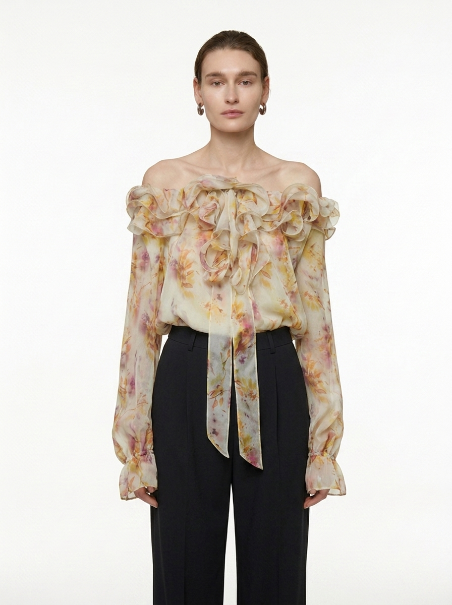 Floral One-Shoulder Long Sleeve Blouse
