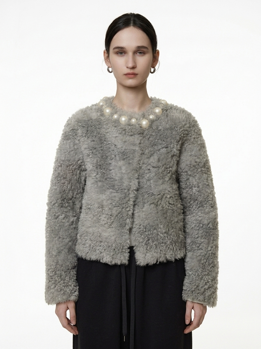 Grey Pearl Embellished Teddy Jacket