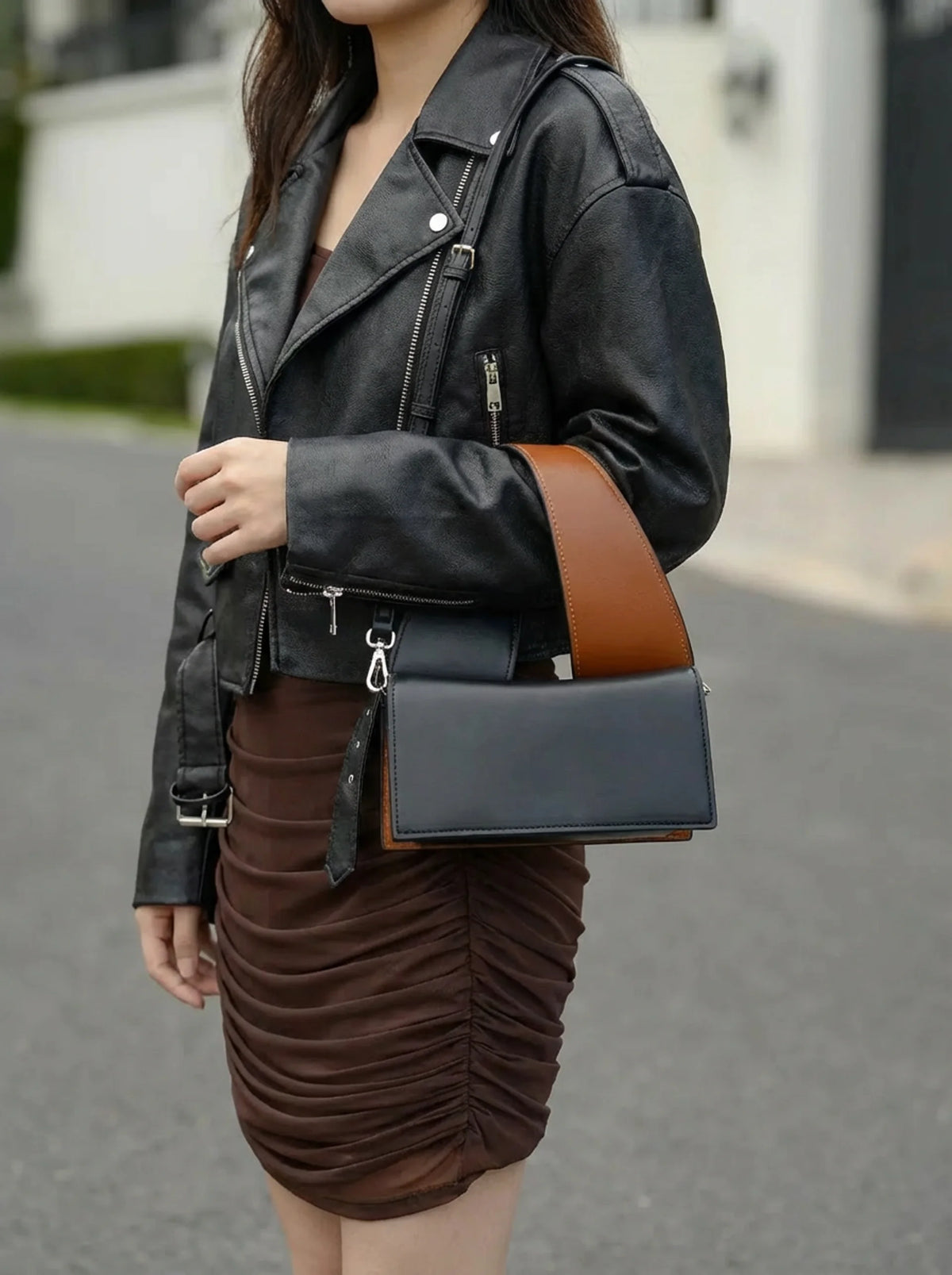 Kate Two Tone Handle Bag — closure and hardware detail