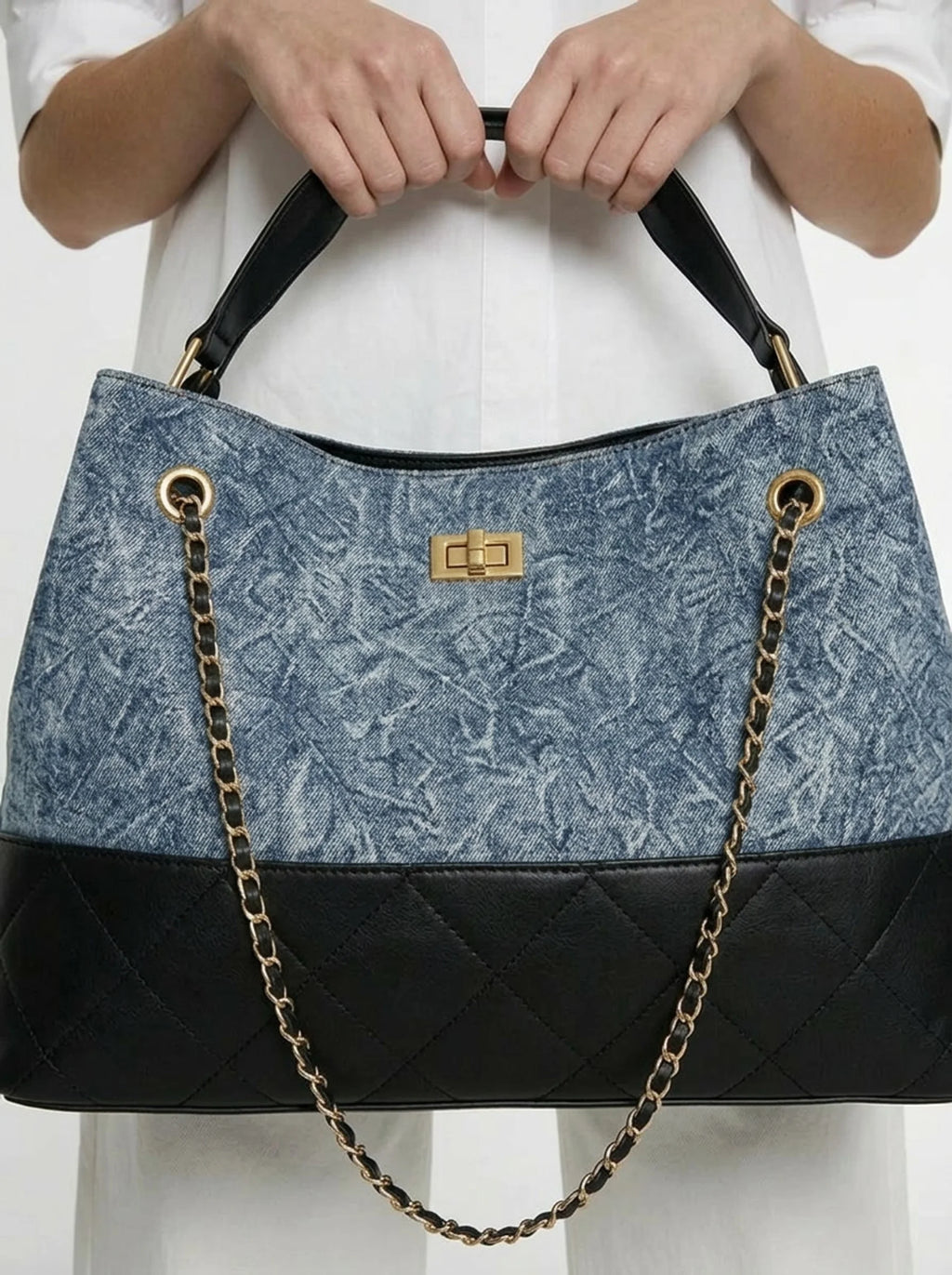 Anouk Denim Chain Tote — closure and hardware detail