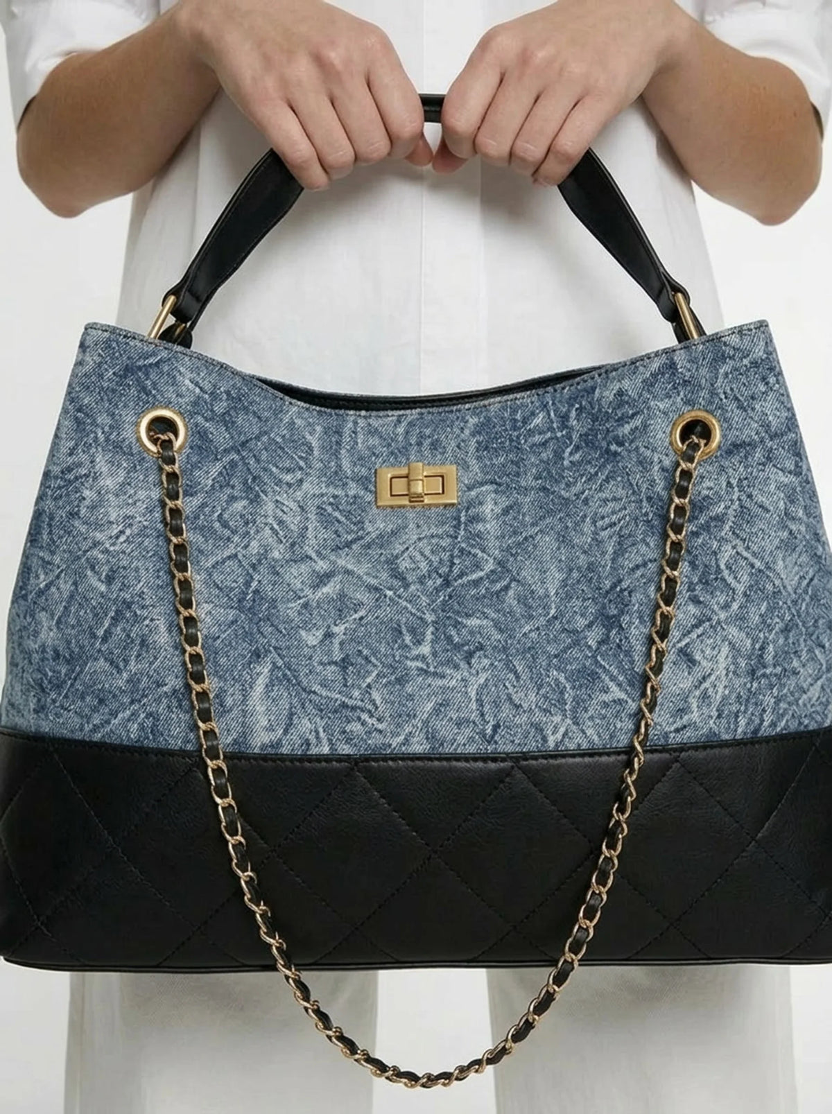 Anouk Denim Chain Tote — closure and hardware detail