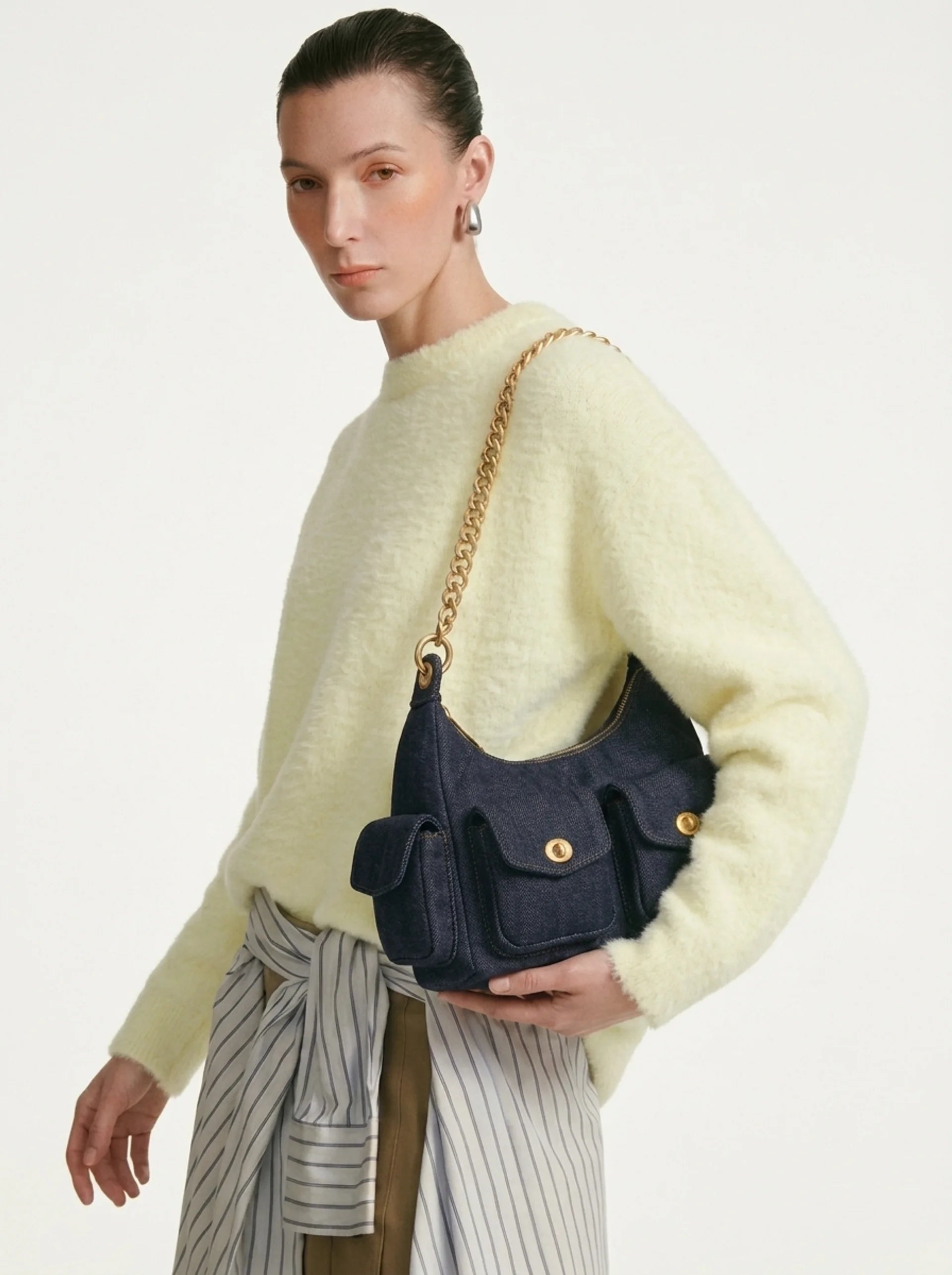 Denim Shoulder Bag - Gold Chain