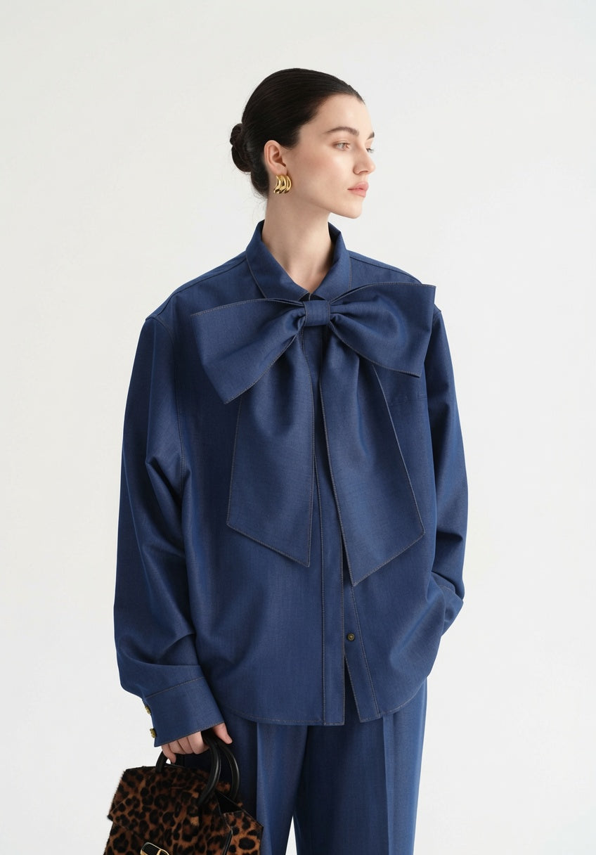 Blue Denim Bow Blouse