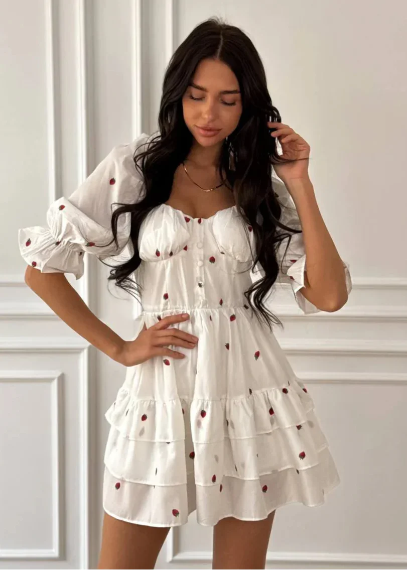 Strawberry Lantern-Sleeve Mini Dress