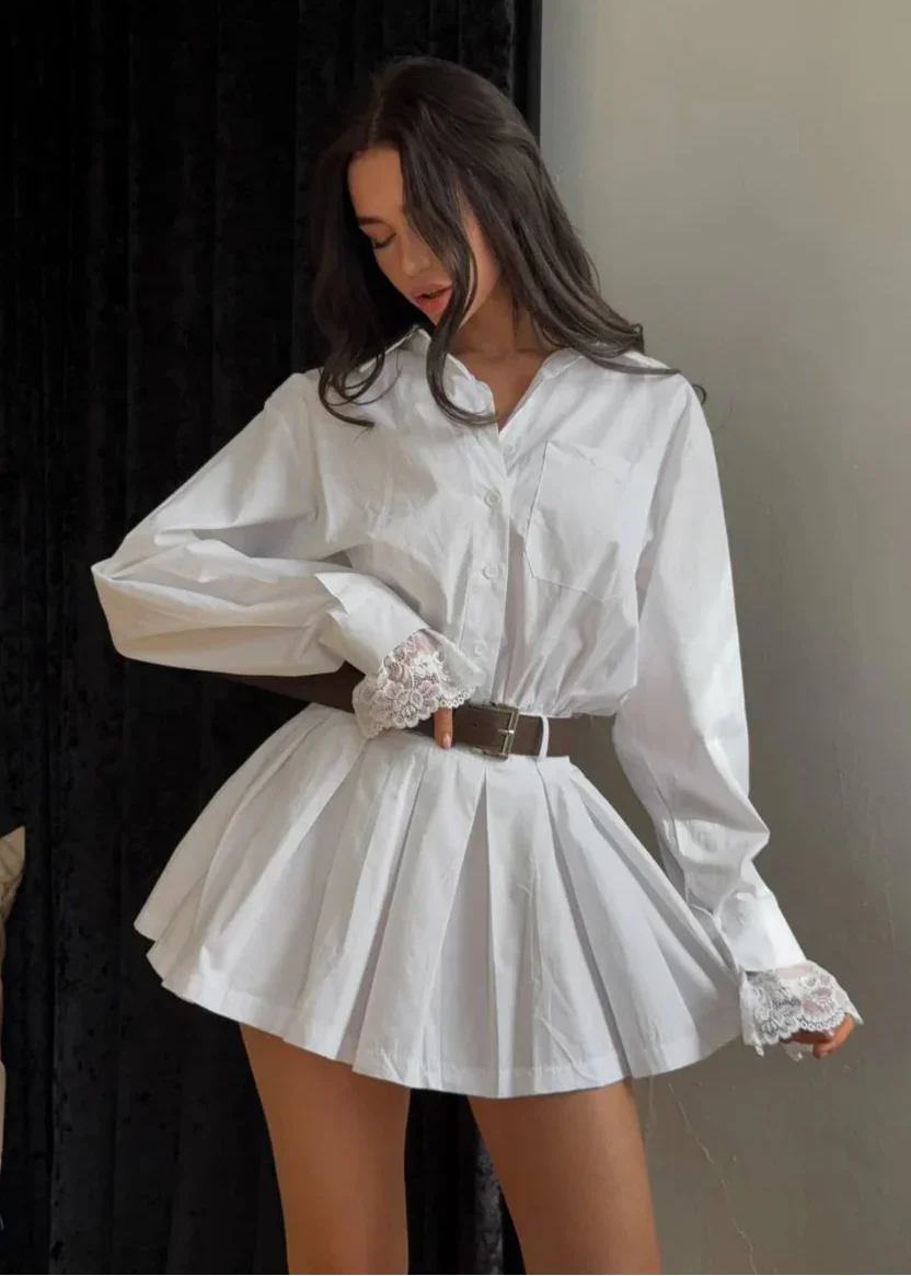 Lace-Sleeve Belted Mini Dress