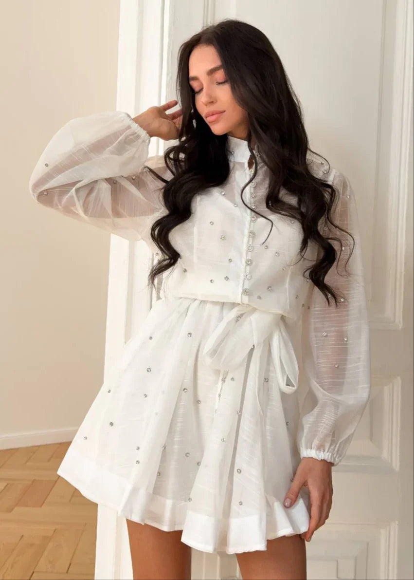 Rhinestone-Embroidered Belted Dress
