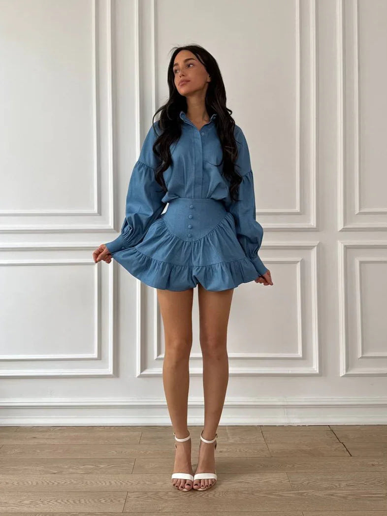 Denim Loose Shirt & Mini Skirt Set