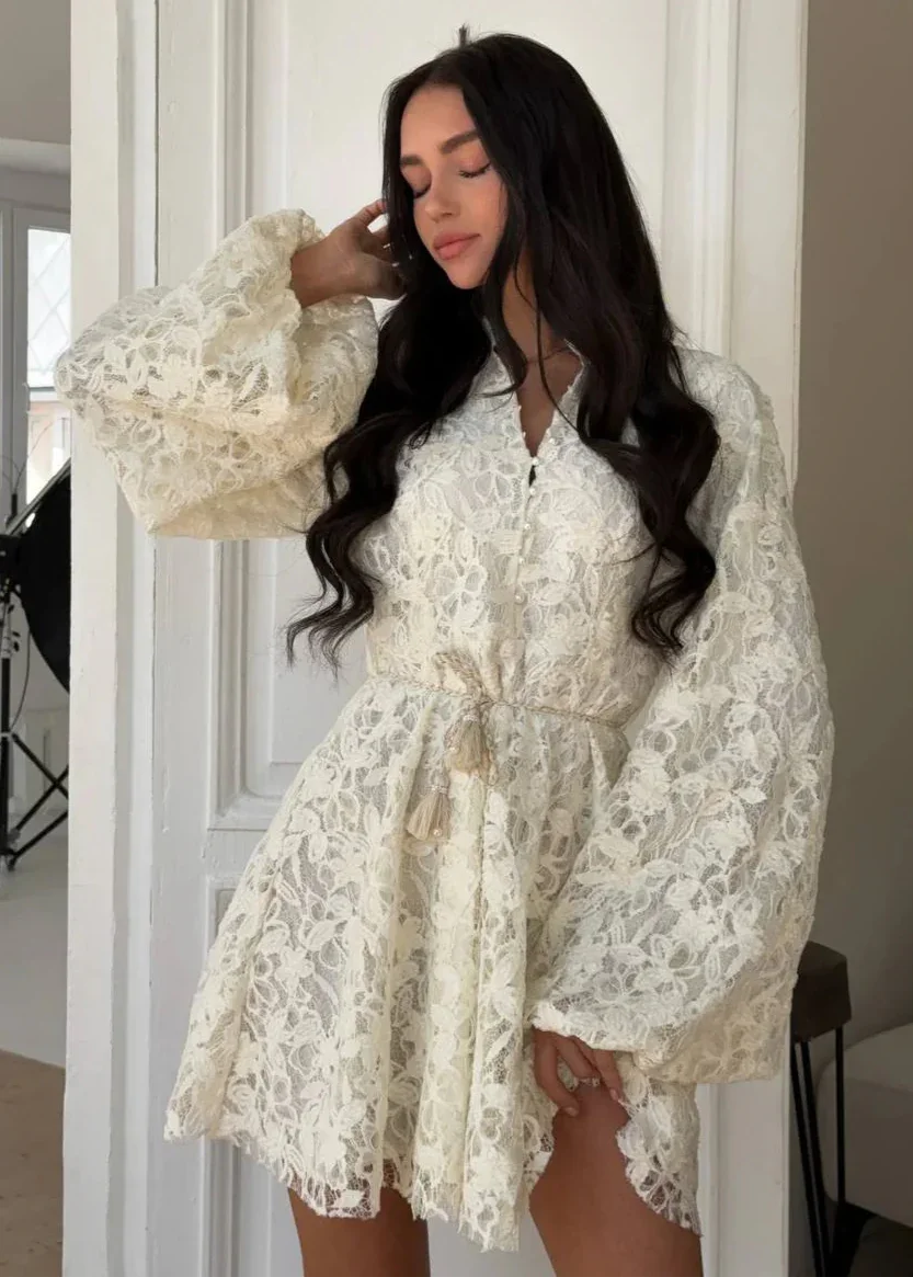 Lace Pearl-Button Mini Dress