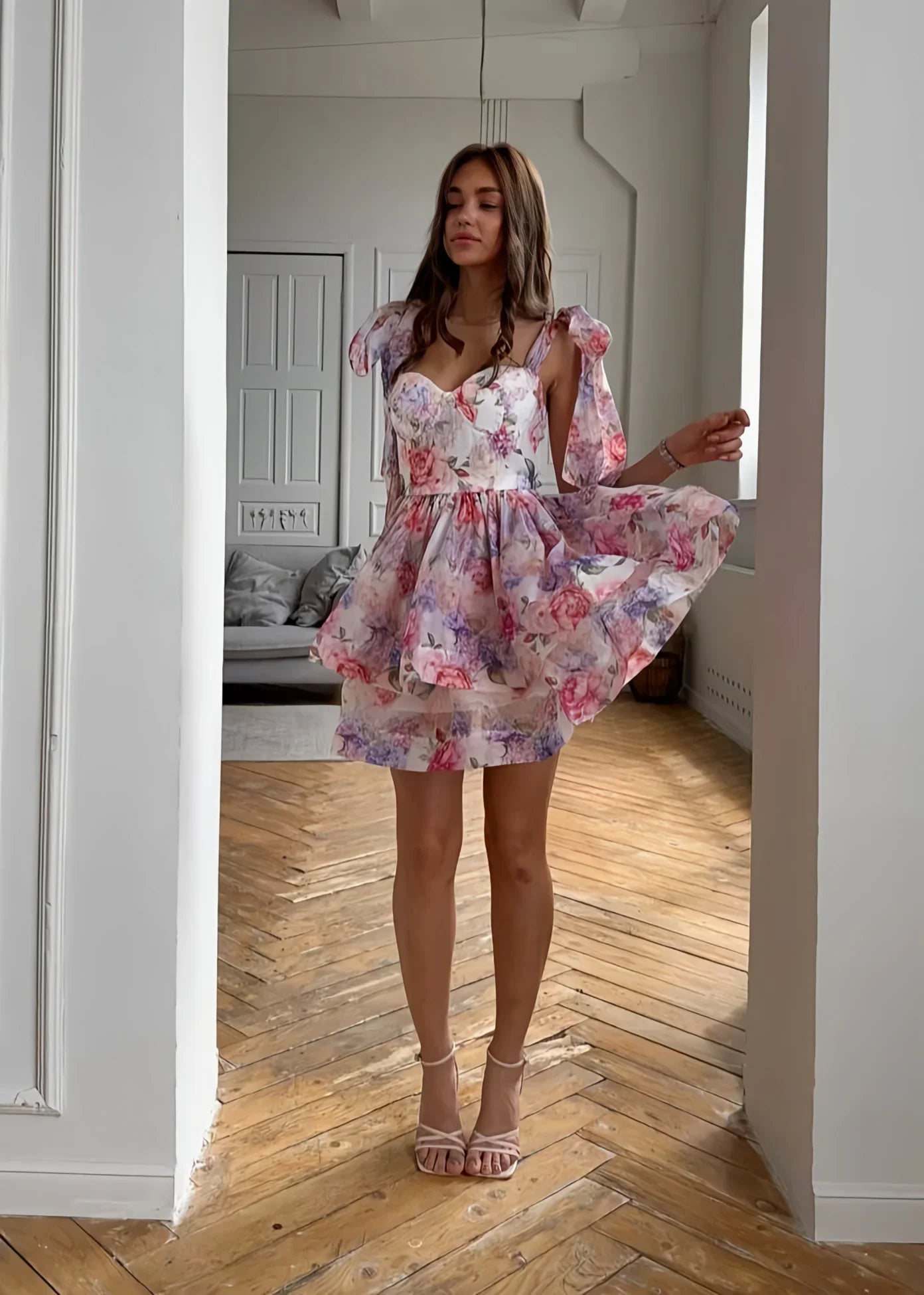 Floral Bow Strap Mini Dress