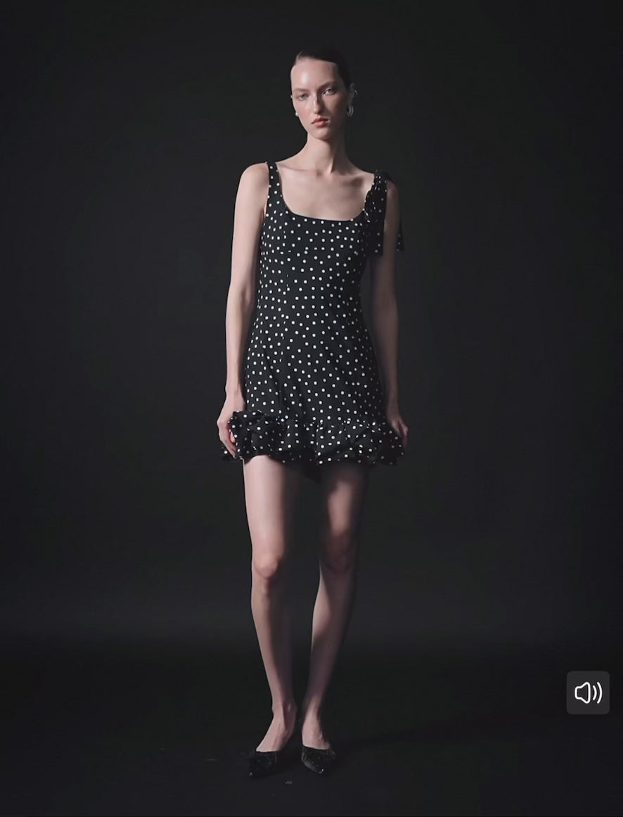 Polka Dot Tie-Shoulder Mini Dress Black