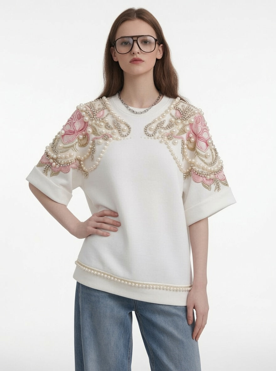White Floral Print Oversized T-Shirt