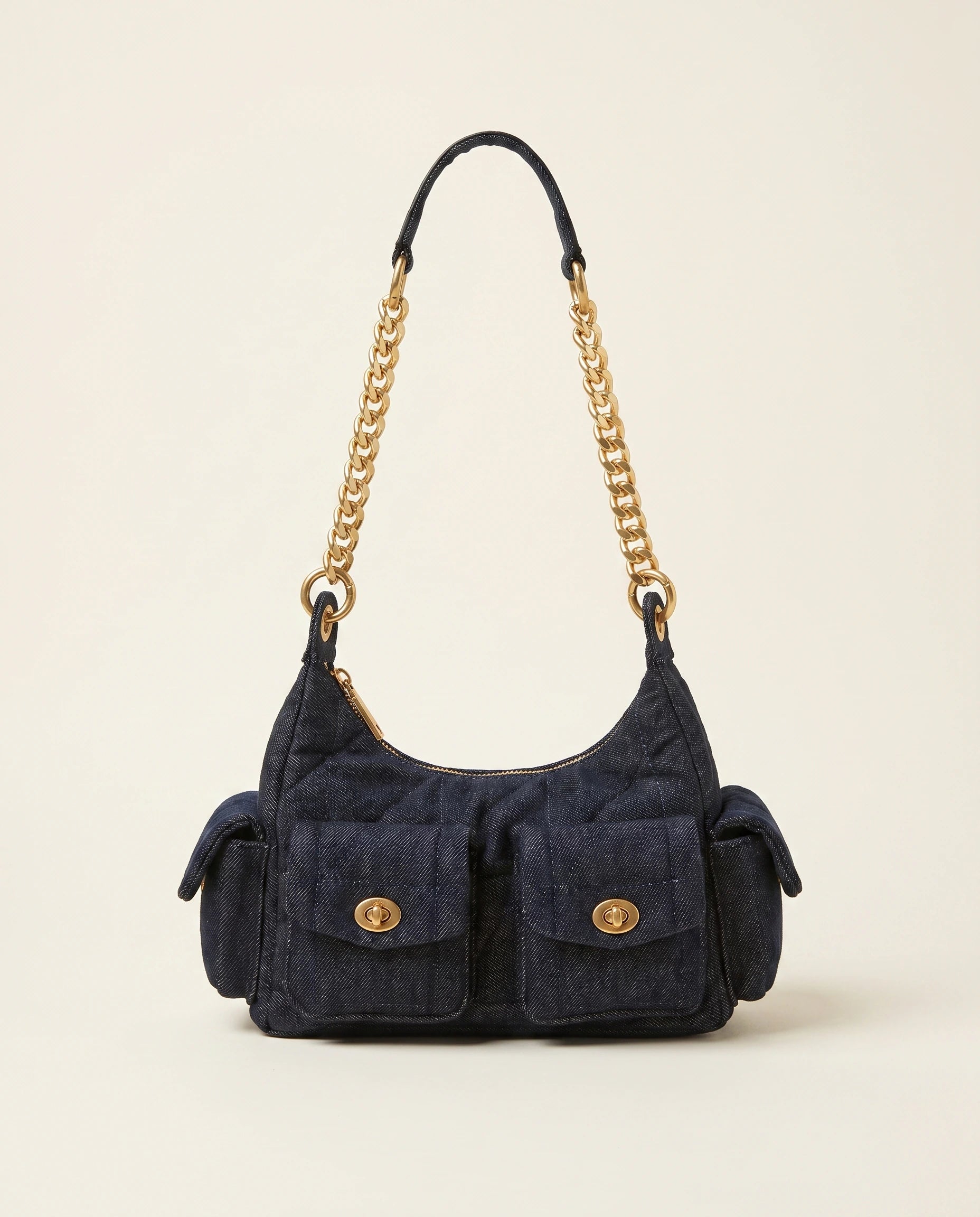 Denim Shoulder Bag - Gold Chain in Black Denim — front view