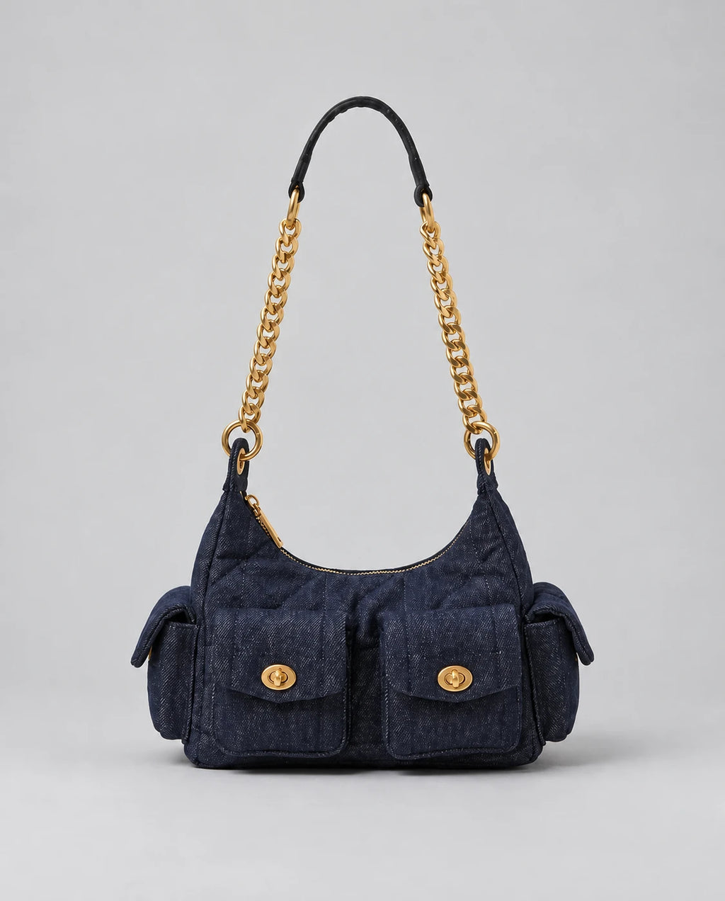 Denim Shoulder Bag - Gold Chain in Black Denim — front view