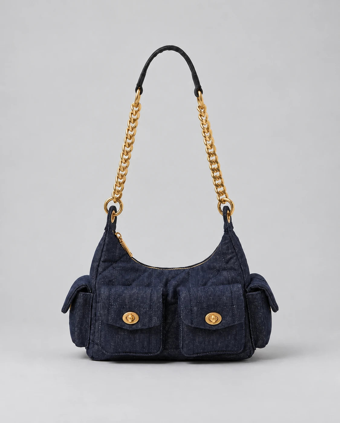 Denim Shoulder Bag - Gold Chain in Black Denim — front view