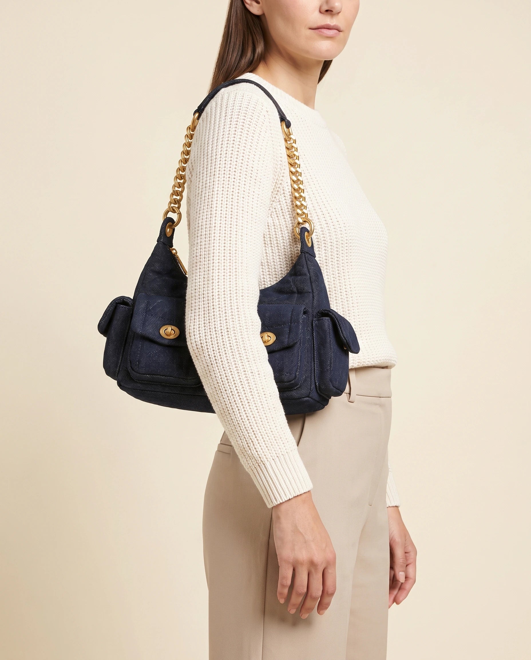 Denim Shoulder Bag - Gold Chain in Black Denim — worn by model