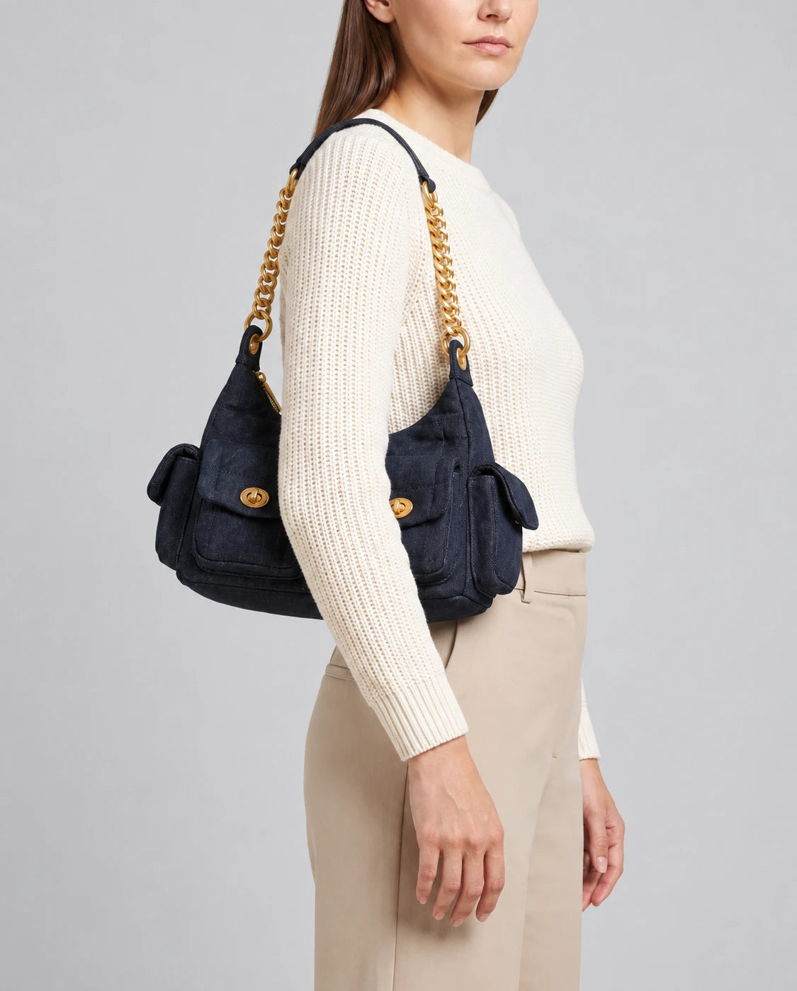 Denim Shoulder Bag - Gold Chain in Black Denim — worn by model