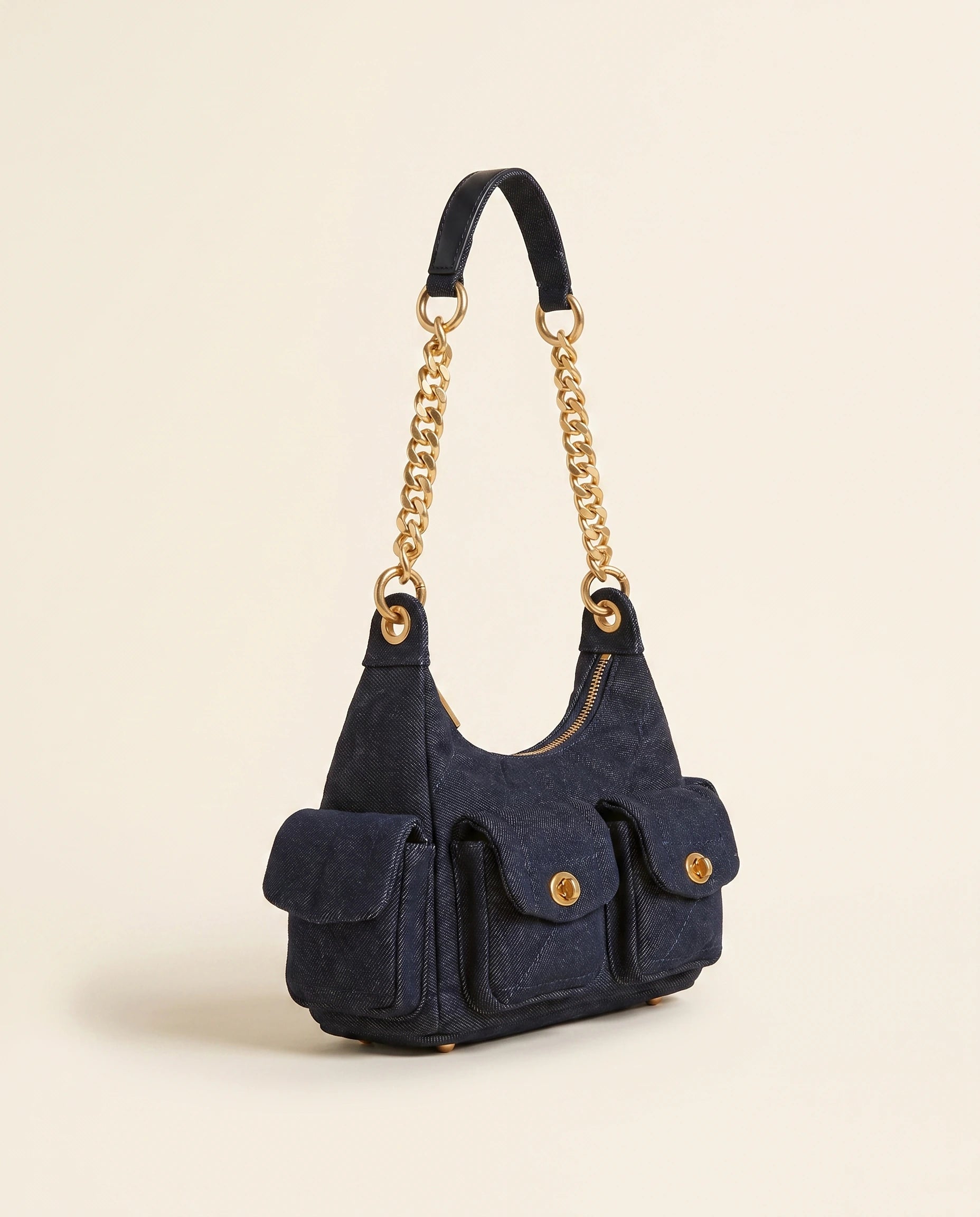 Denim Shoulder Bag - Gold Chain in Black Denim — side view