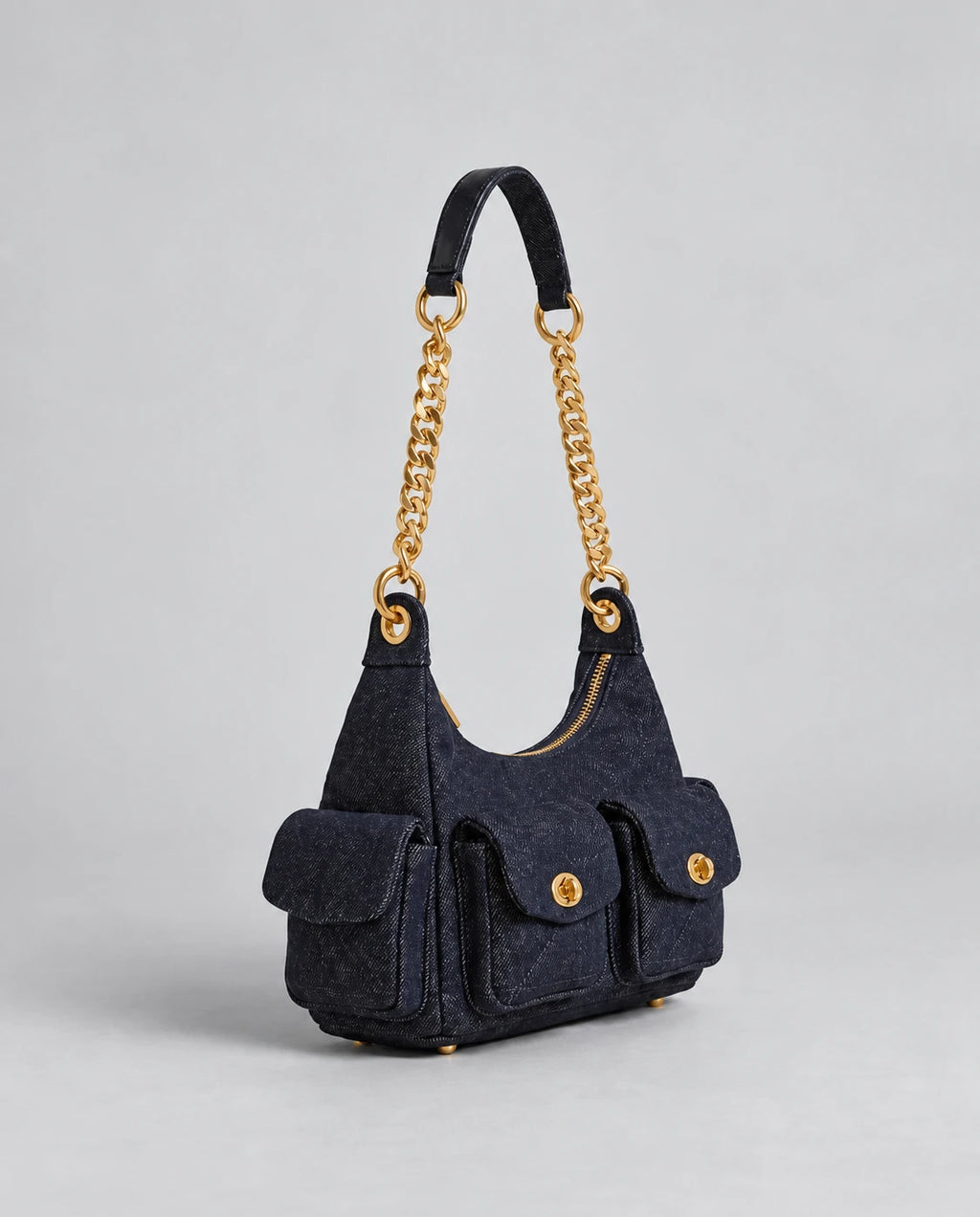 Denim Shoulder Bag - Gold Chain in Black Denim — side view